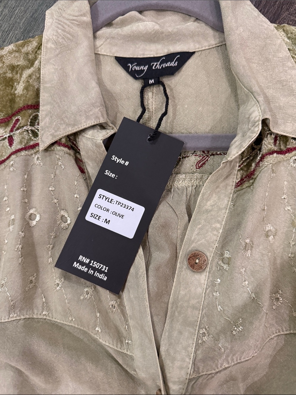 Young Threads Women's Sage Green Embroidered Button-Up Blouse M